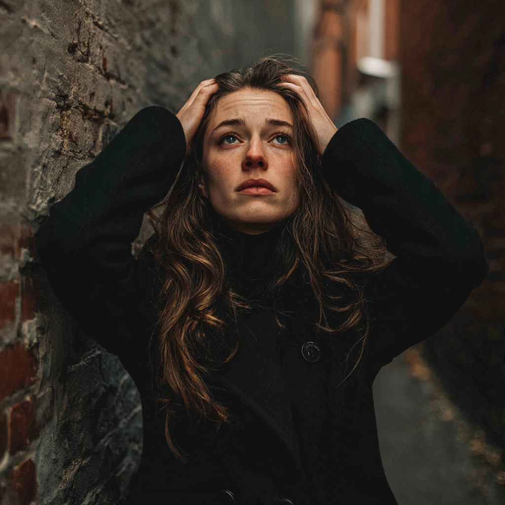 Une femme se tenant la tête et regardant vers le haut | Source : Midjourney