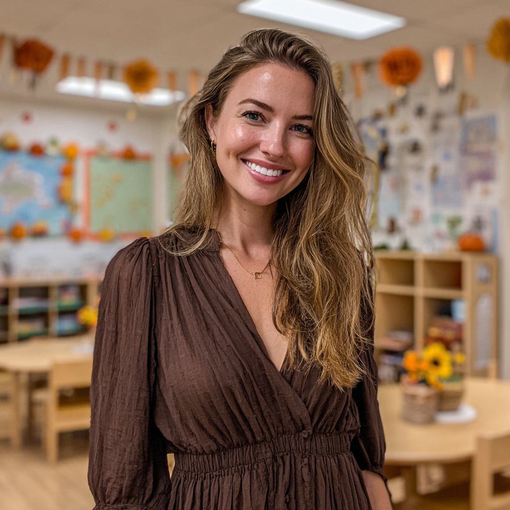 Une femme souriante portant une robe marron | Source : Midjourney