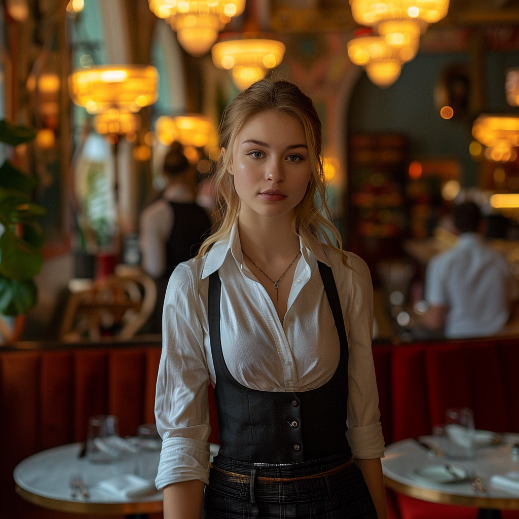 Une hôtesse de restaurant debout et qui surprend une conversation | Source : Midjourney