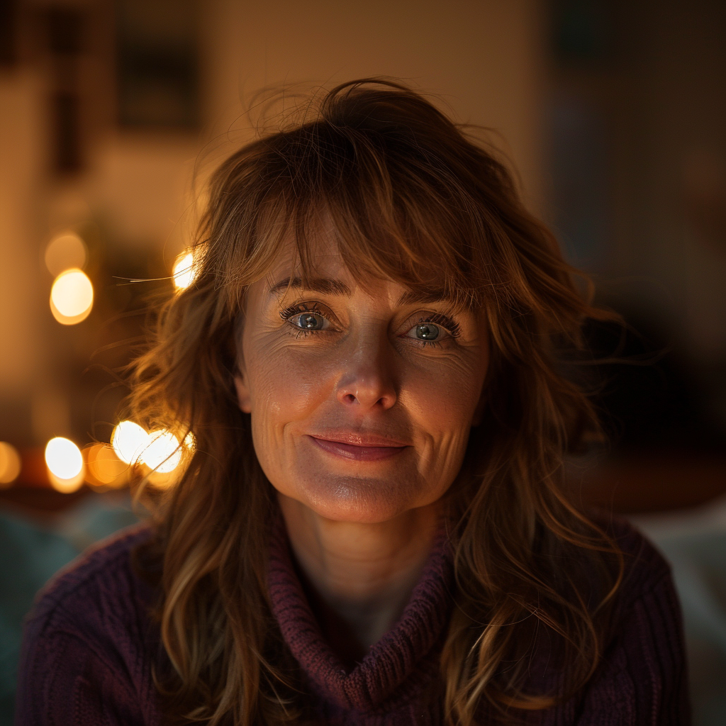 Femme aux yeux pleins de larmes qui sourit | Source : Midjourney