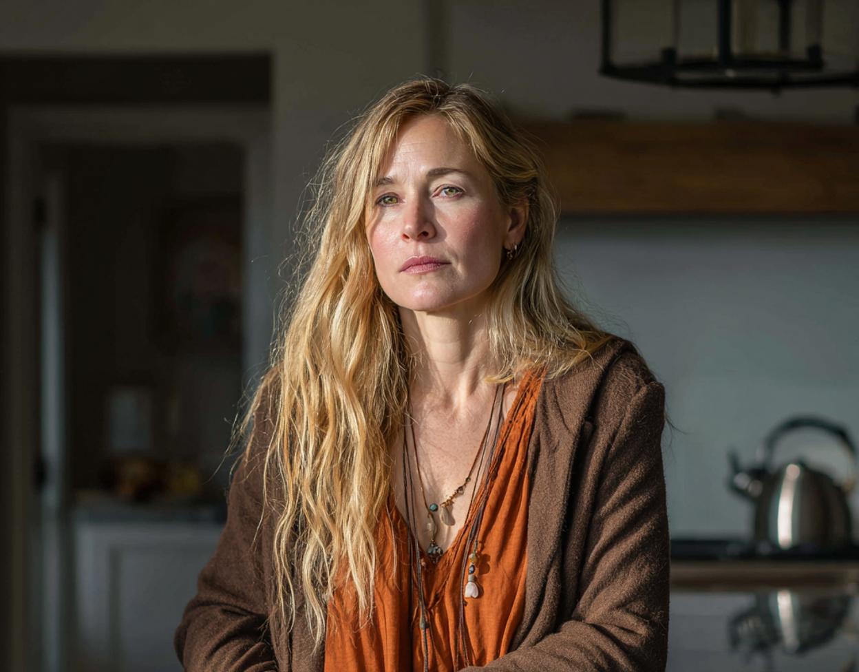 Une femme émotive assise dans une cuisine | Source : Midjourney