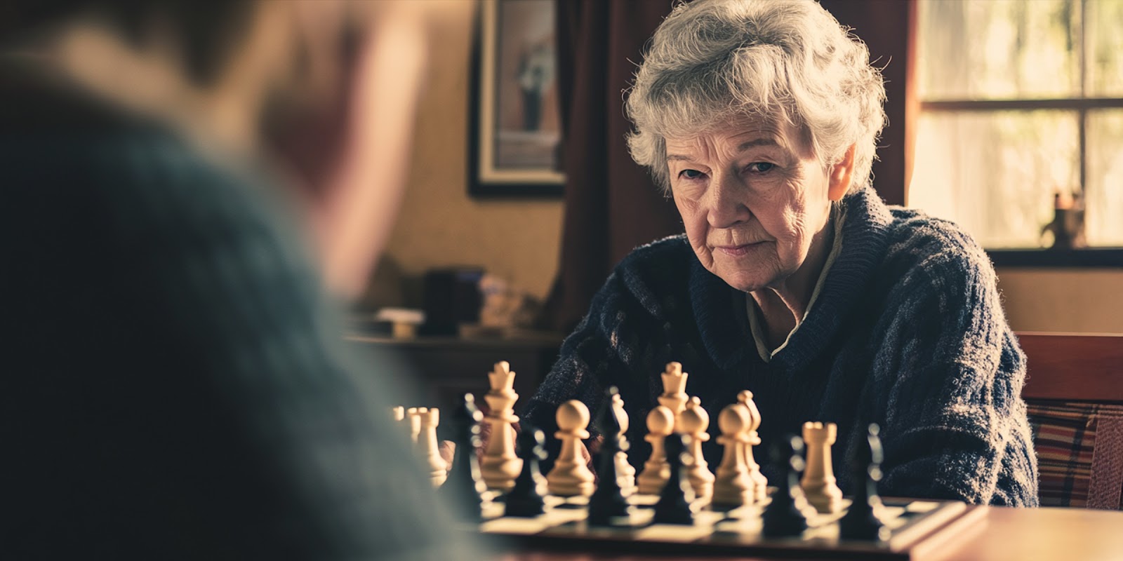 Femme âgée jouant aux échecs. | Source : Midjourney