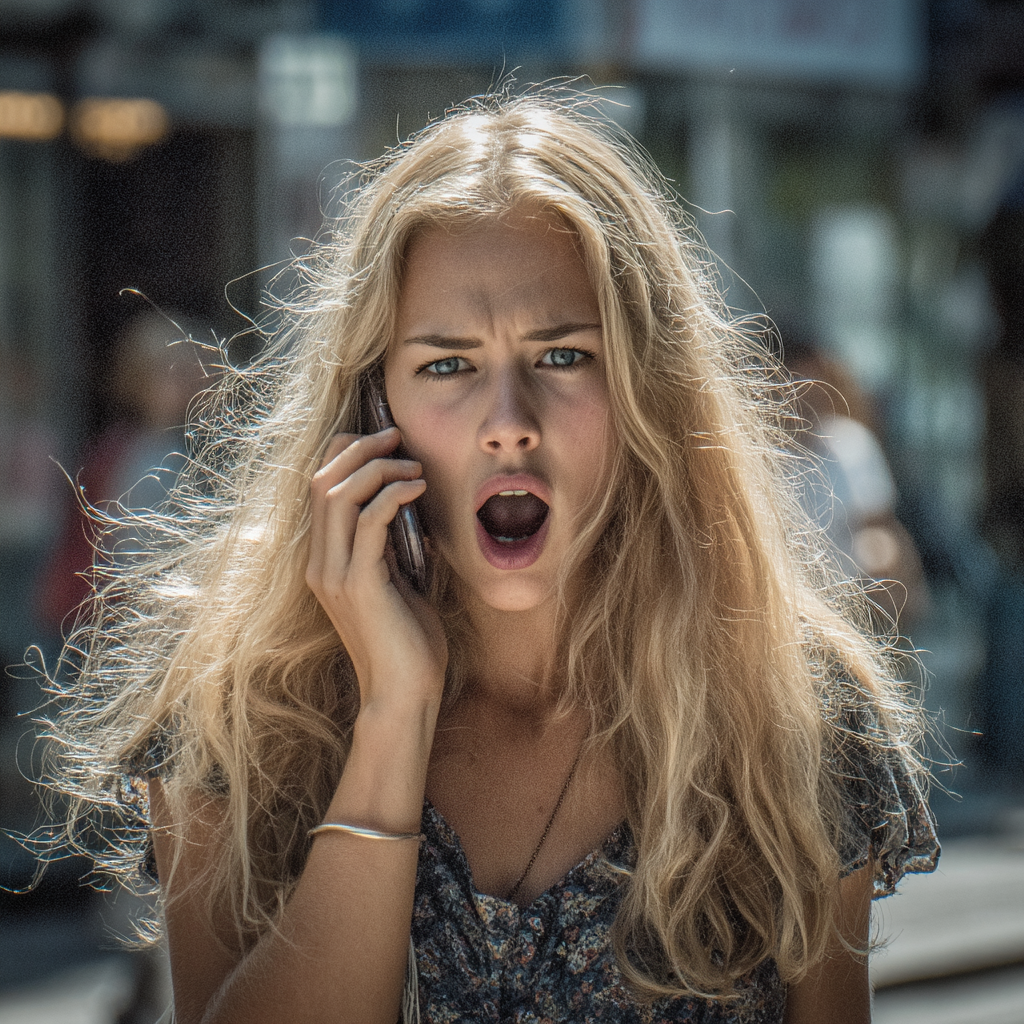 Une femme en train de crier lors d'un appel téléphonique | Source : Midjourney