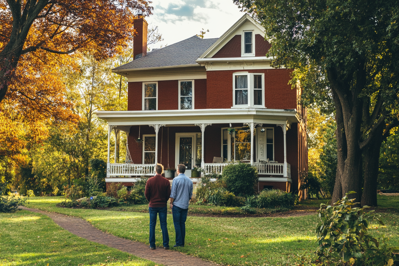 Deux hommes debout devant une maison | Source : Midjourney