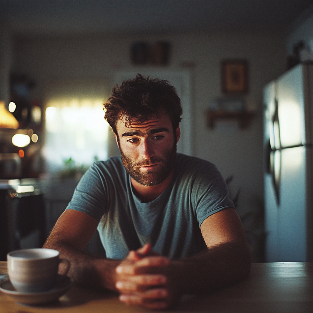 Un homme triste assis à une table de cuisine | Source : Midjourney