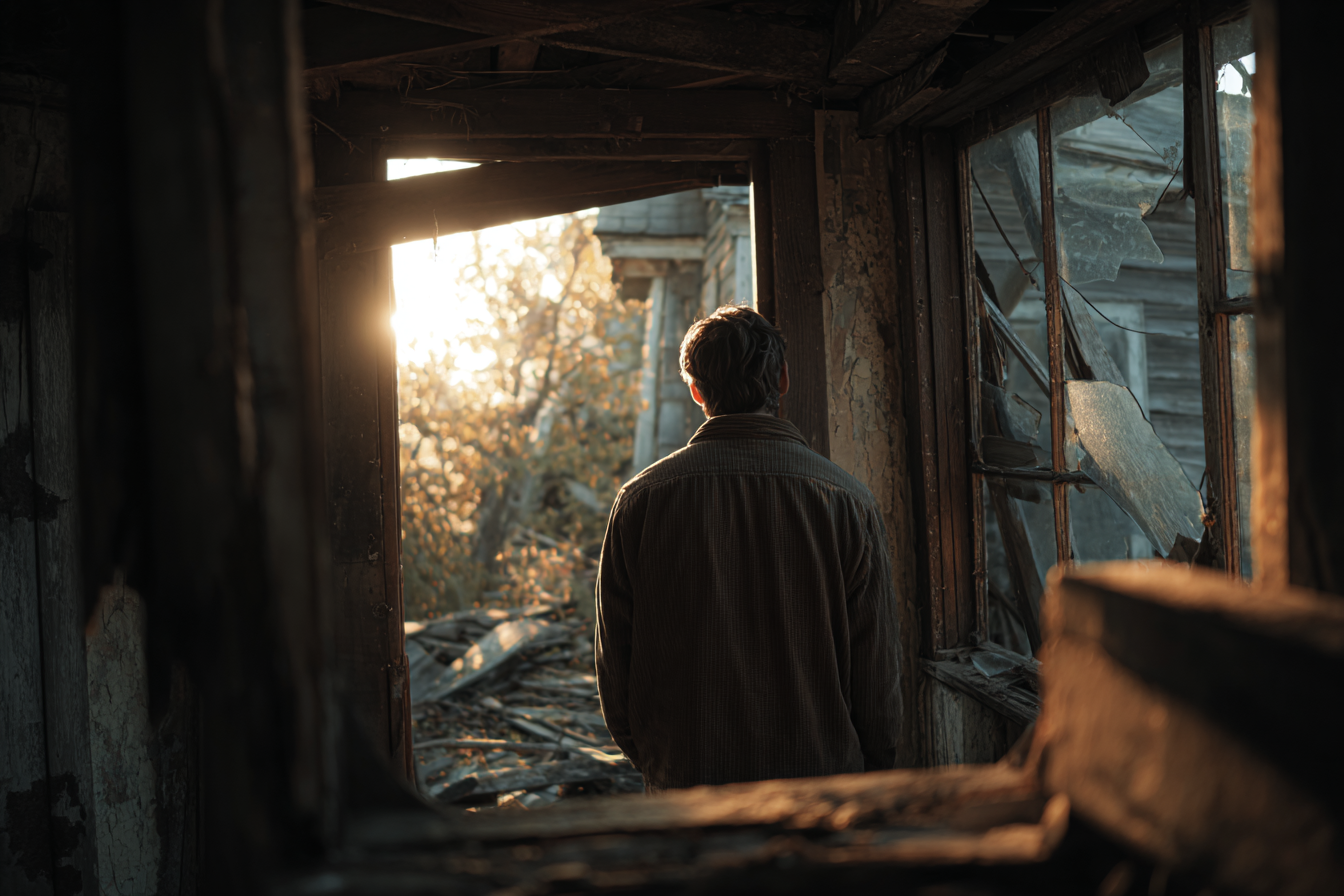 Un homme debout dans une maison abandonnée | Source : Midjourney
