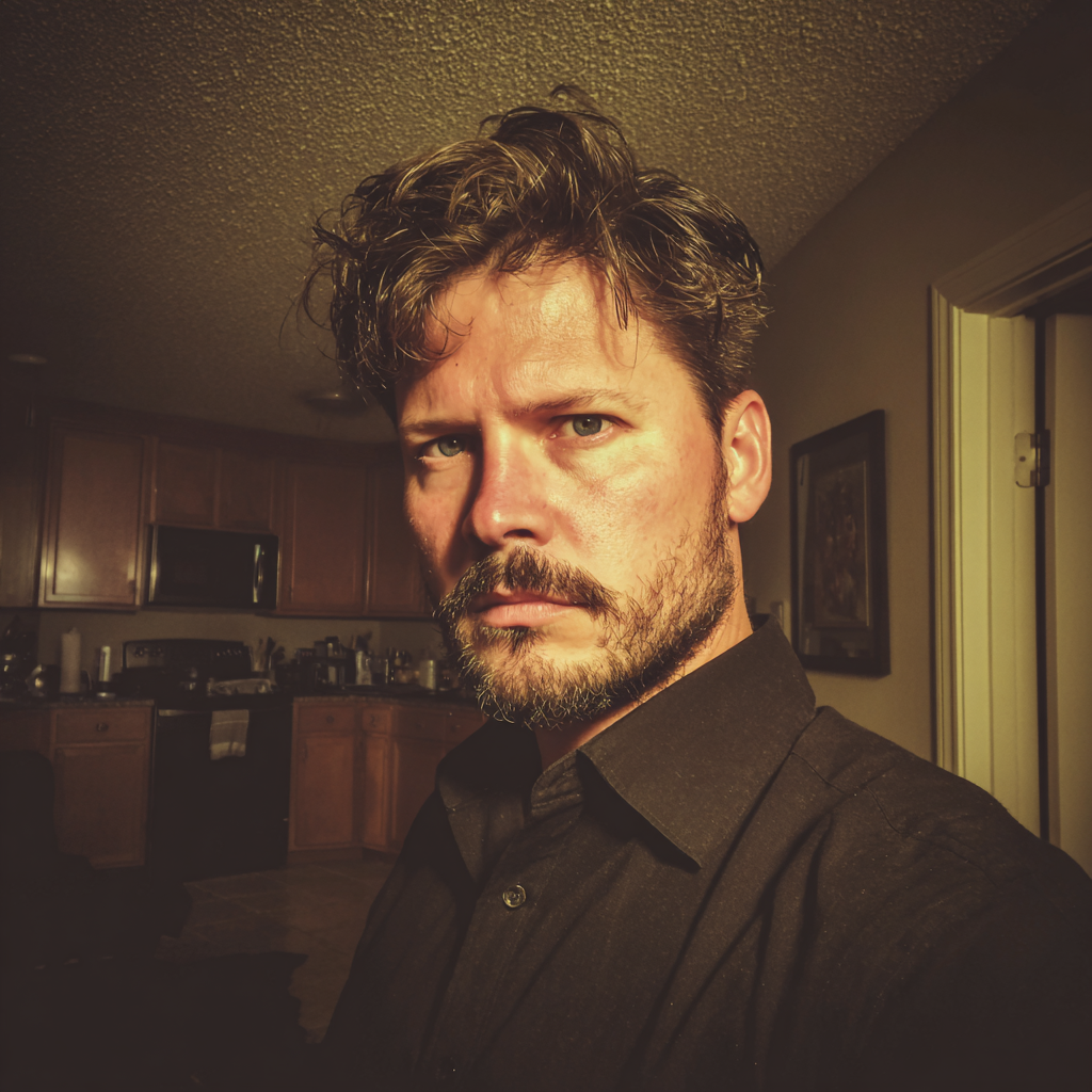 Un homme qui fronce les sourcils et qui porte une chemise de cérémonie noire | Source : Midjourney