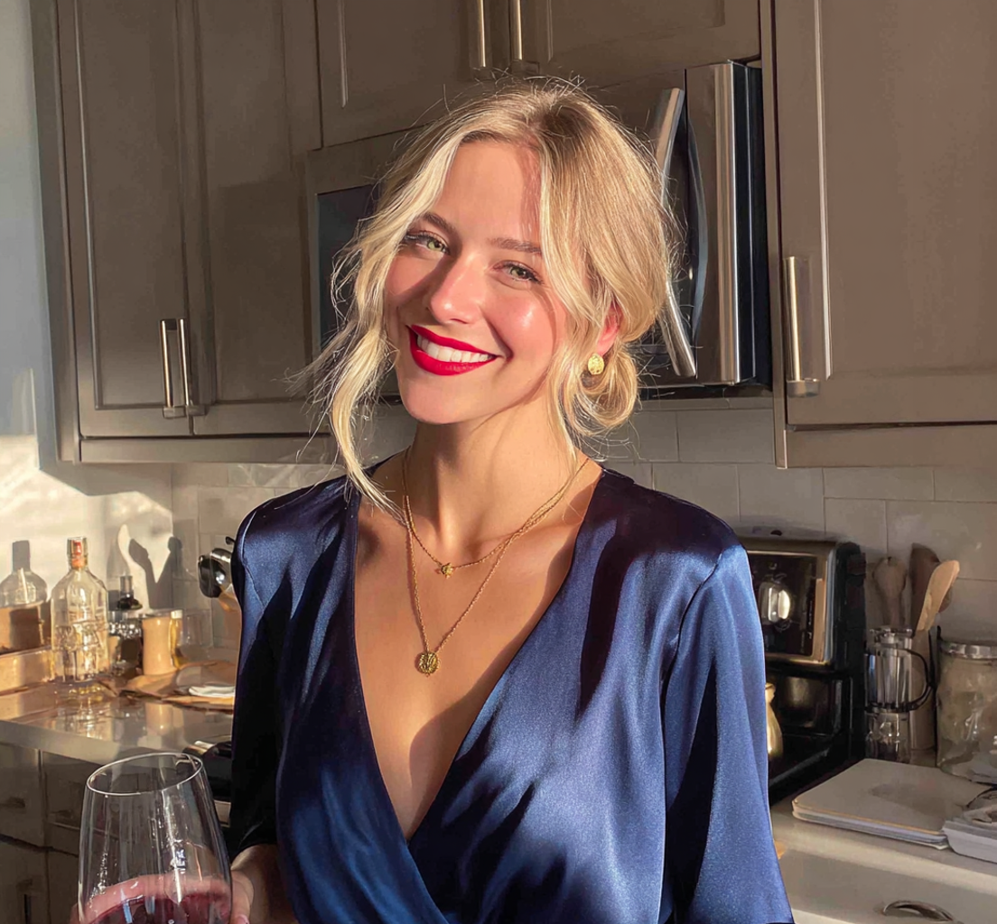 Une femme souriante dans une cuisine avec un verre de vin | Source : Midjourney