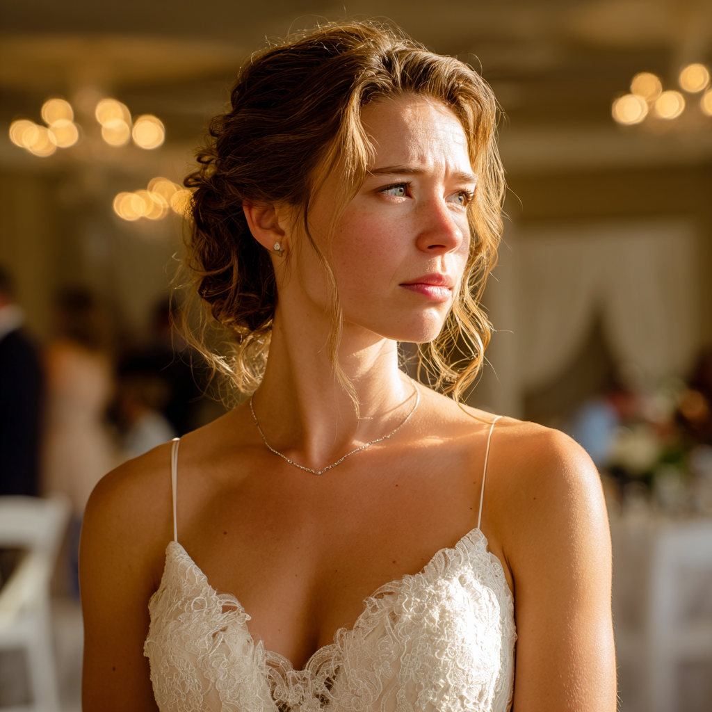 Vue latérale d'une mariée debout à sa réception | Source : Midjourney