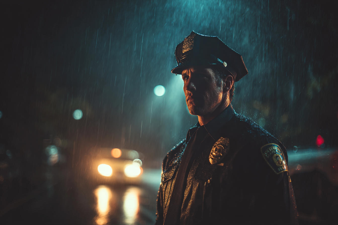 Un agent de police debout sous la pluie | Source : Midjourney