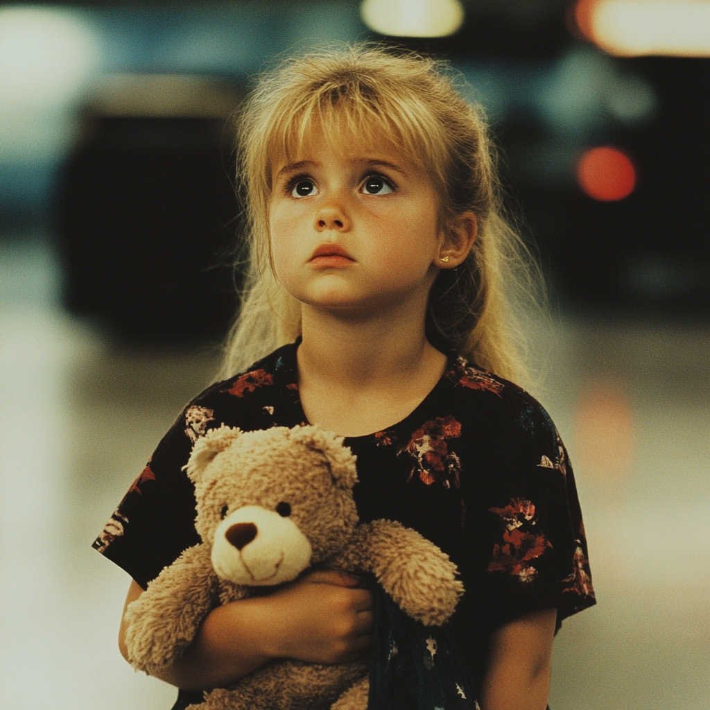 Une petite fille triste tenant un ours en peluche | Source : Midjourney