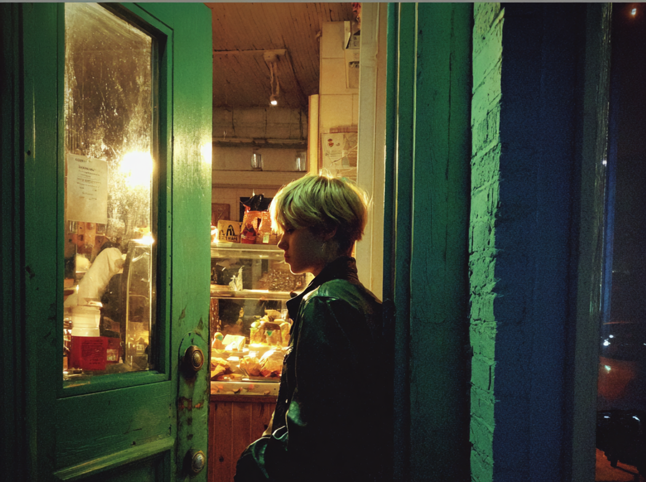 Un garçon debout à l'entrée d'une boulangerie | Source : Midjourney