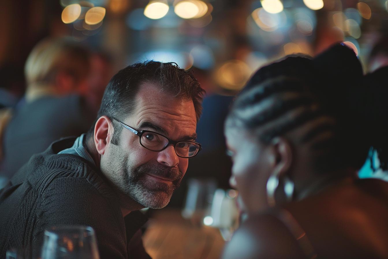 Un homme au restaurant se penche près d'une femme | Source : Midjourney