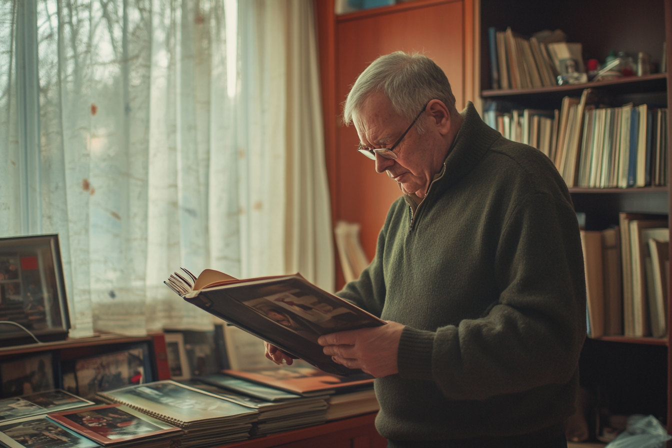 Un homme regardant un album photo dans son salon | Source : Midjourney