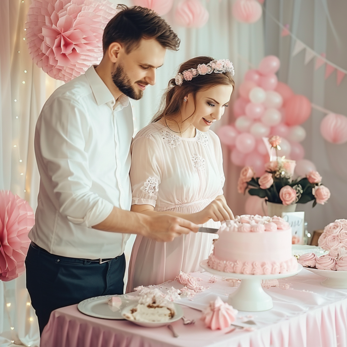 Un couple de femmes enceintes découpe un gâteau lors de leur fête prénatale | Source : Midjourney