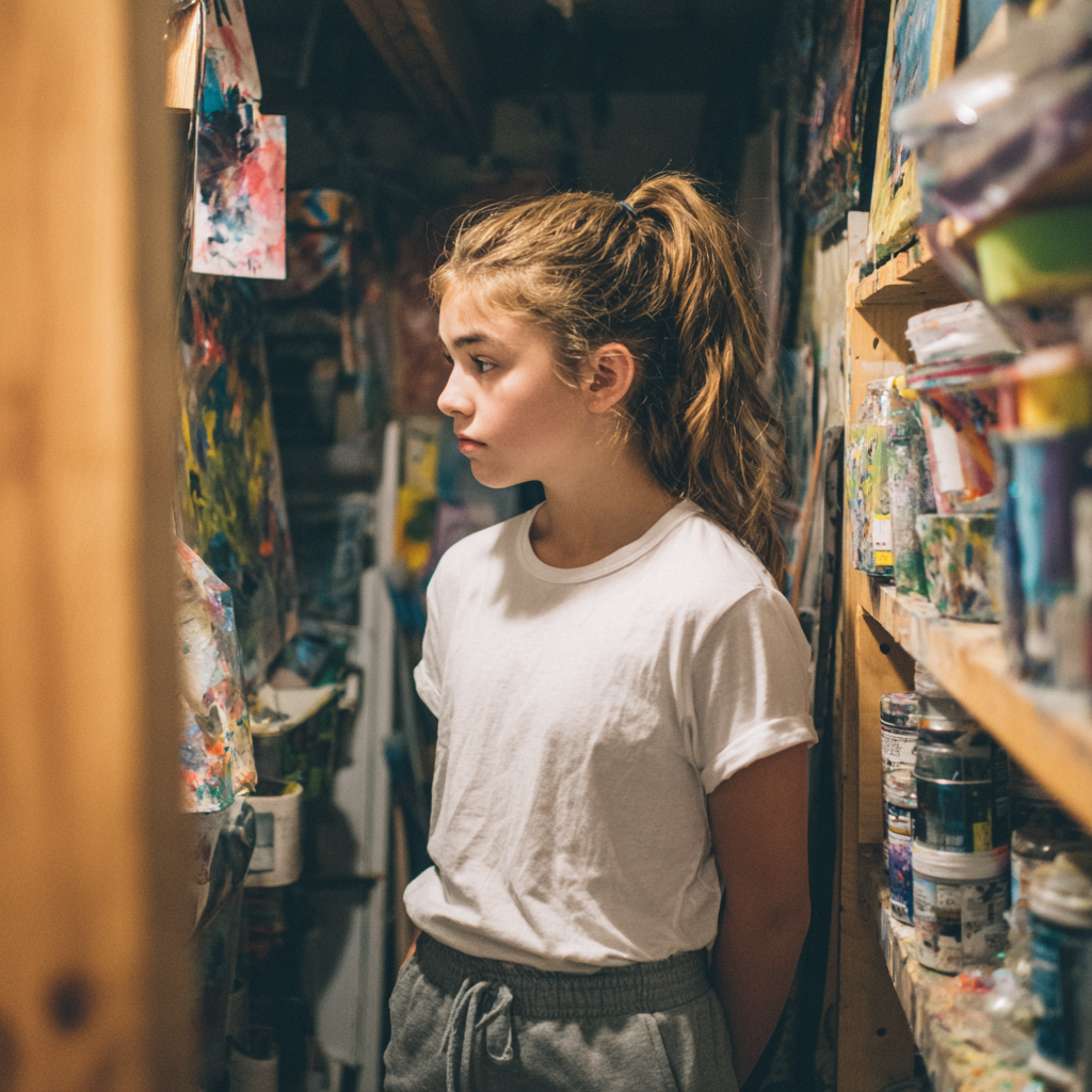 Une petite fille bouleversée se tenant dans un placard de fournitures artistiques | Source : Midjourney