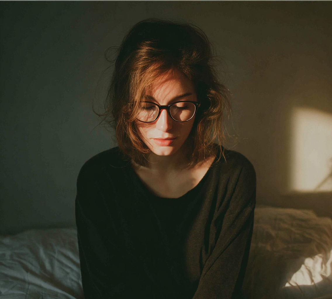 Une femme émue assise sur un lit | Source : Midjourney