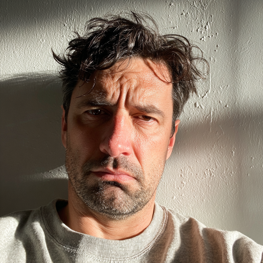 Un homme renfrogné adossé à un mur | Source : Midjourney