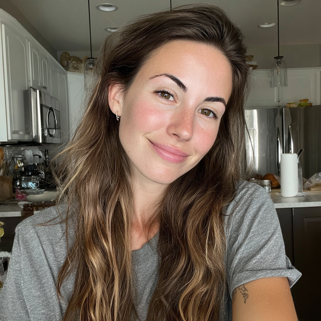 Une femme souriante assise à un comptoir de cuisine | Source : Midjourney