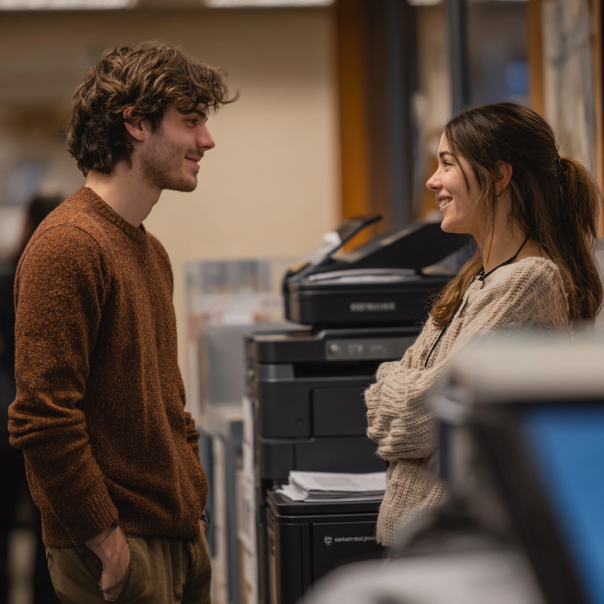 Un homme et une femme discutant dans une bibliothèque | Source : Midjourney