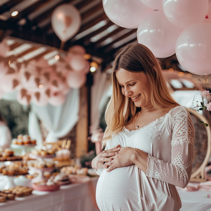 Une femme enceinte qui touche son ventre arrondi lors d'une fête prénatale | Source : Midjourney