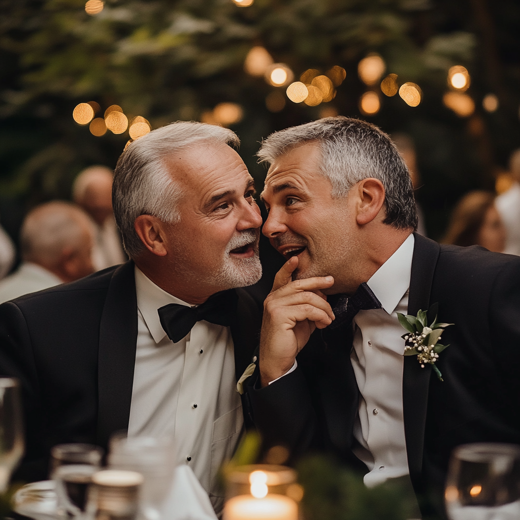 Le marié chuchote à son ami masculin pendant la réception du mariage | Source : Midjourney