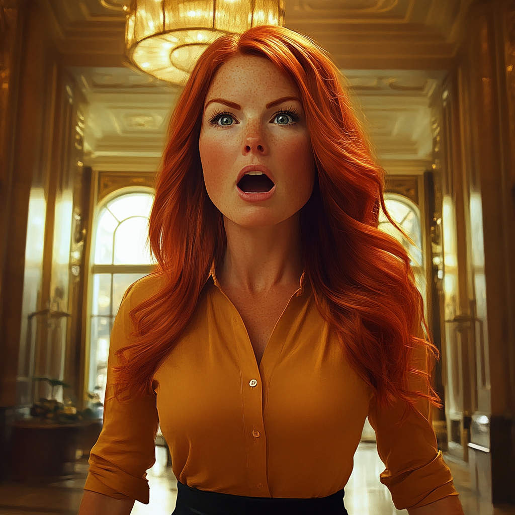 Une femme effrayée se tenant dans un grand hôtel | Source : Midjourney