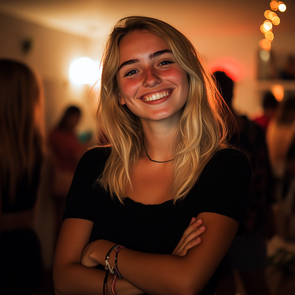 Une femme souriante lors d'une fête | Source : Midjourney