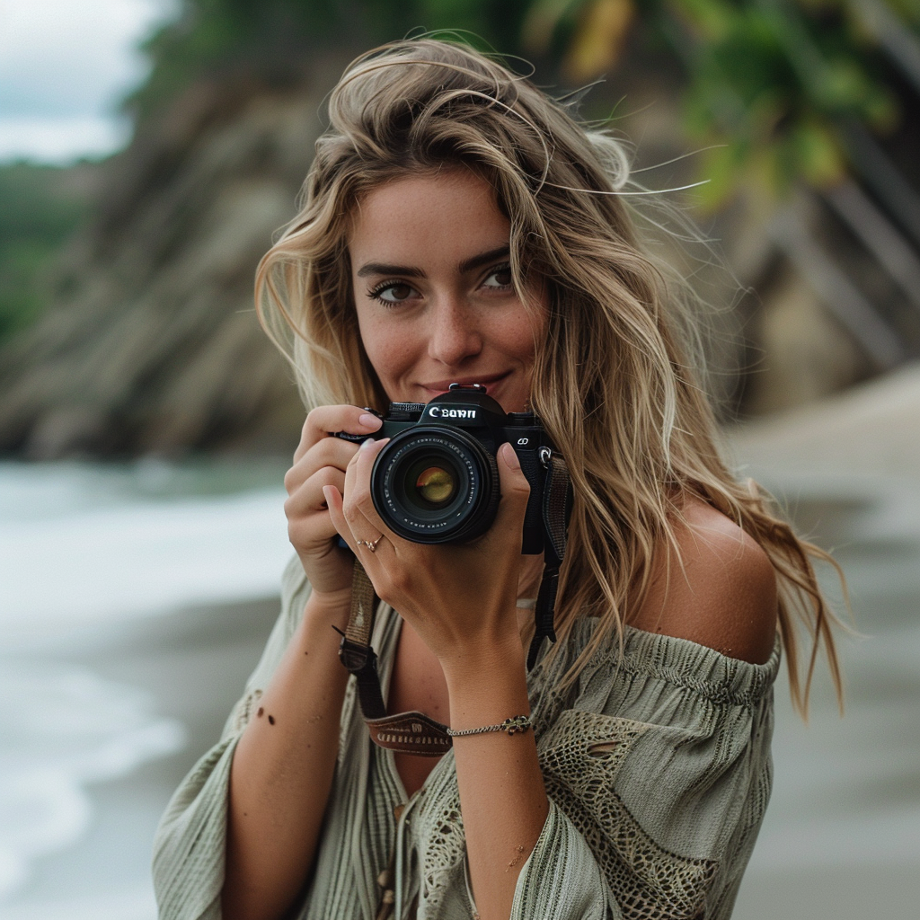 Une femme prenant des photos avec son appareil sur une plage | Source : Midjourney