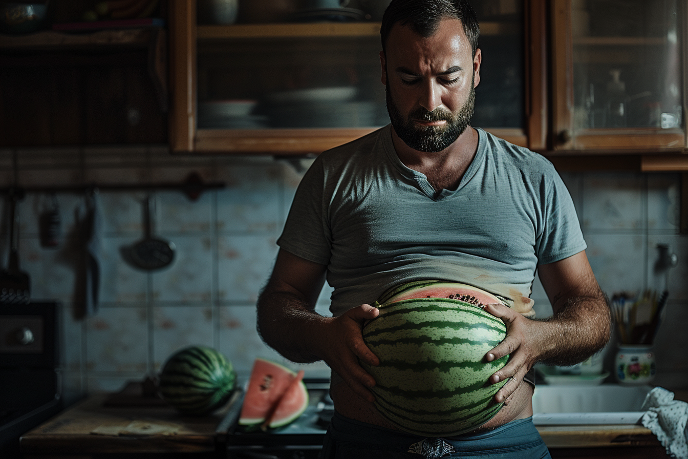 Un homme fatigué qui tient une pastèque | Source : Midjourney