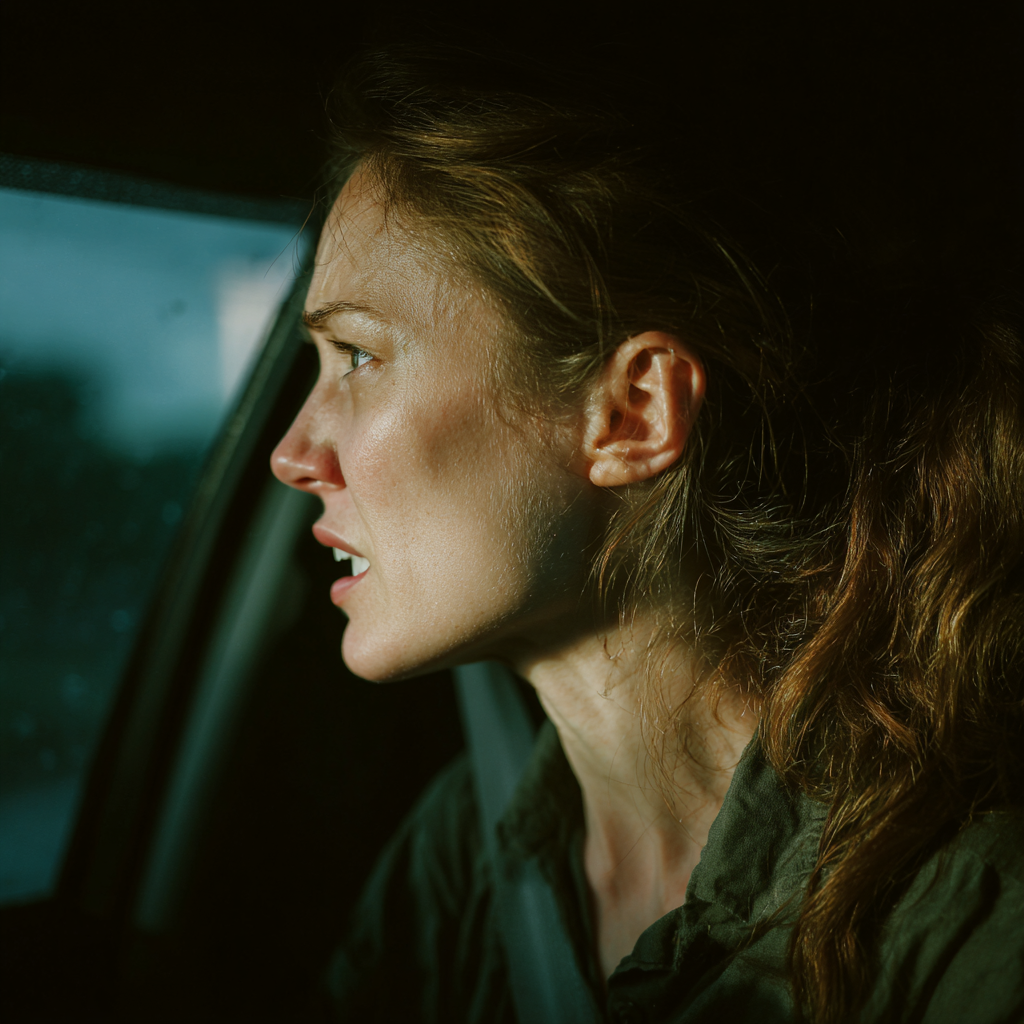 Une femme bouleversée qui regarde par la fenêtre d'une voiture | Source : Midjourney