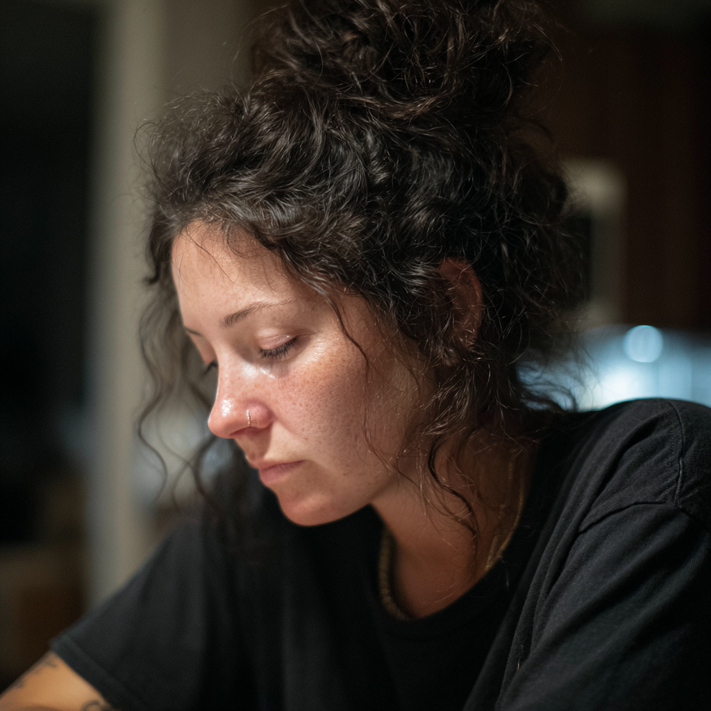 Une femme émotive portant un t-shirt noir | Source : Midjourney