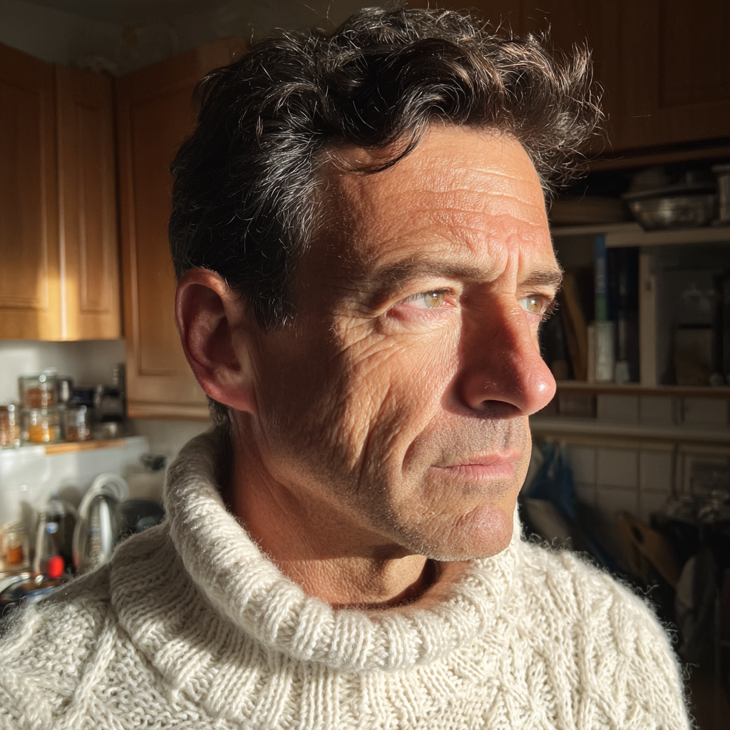 Un homme qui fronce les sourcils debout dans une cuisine | Source : Midjourney