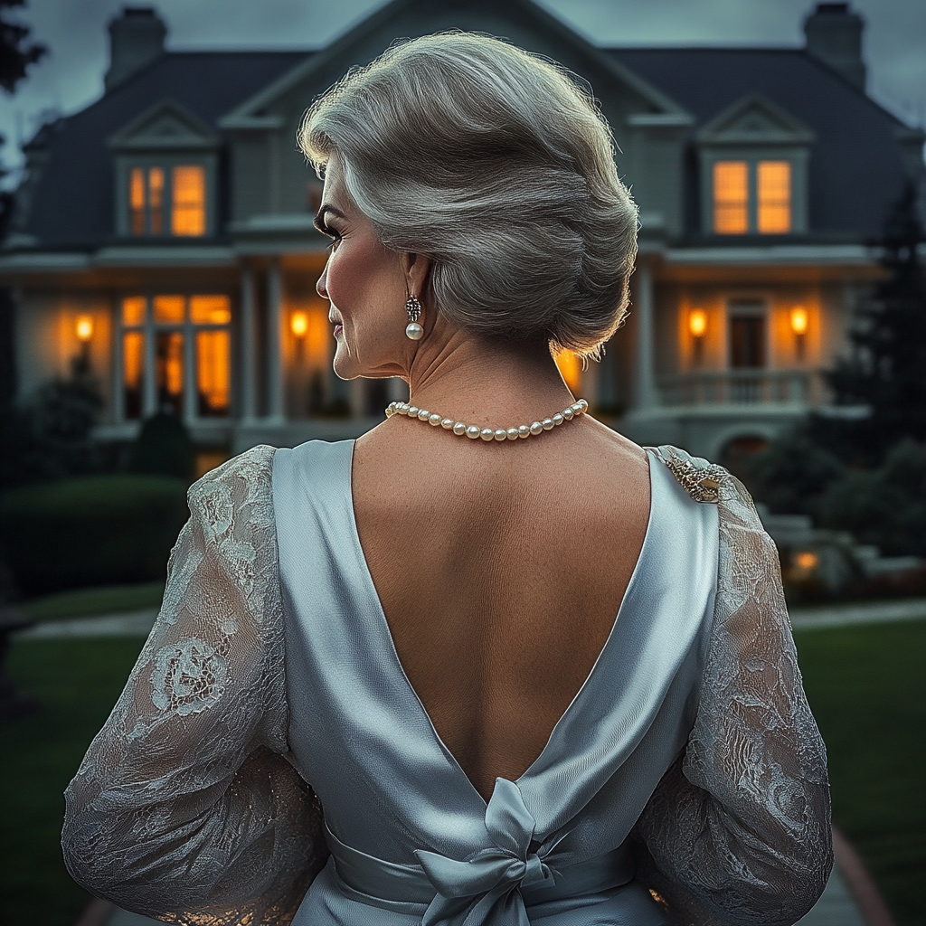 Une femme âgée debout devant son manoir | Source : Midjourney