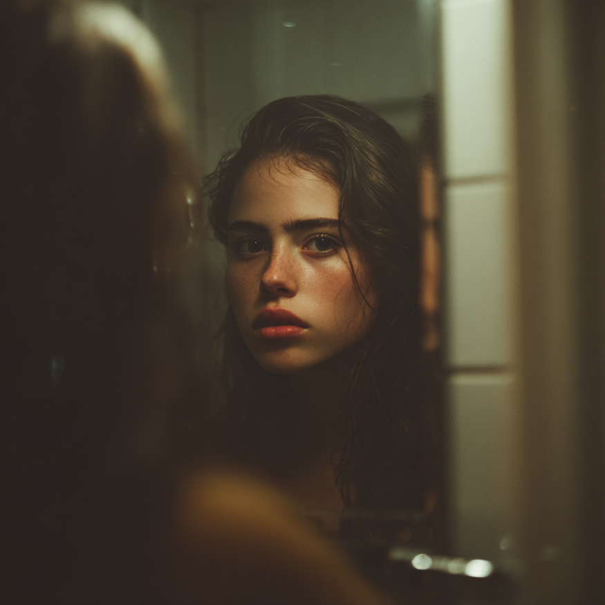 Une femme qui se regarde dans un miroir | Source : Midjourney