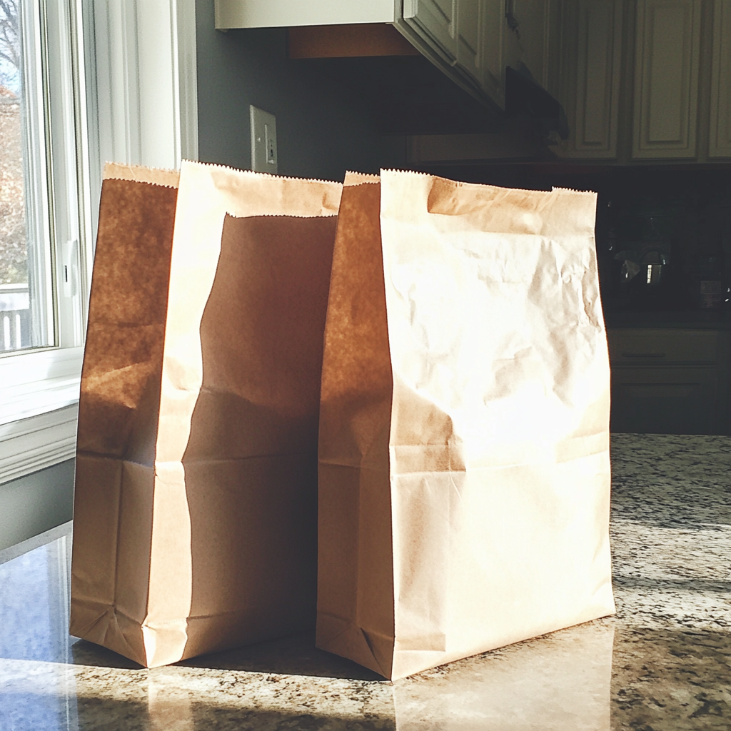 Sacs en papier brun sur un comptoir de cuisine | Source : Midjourney