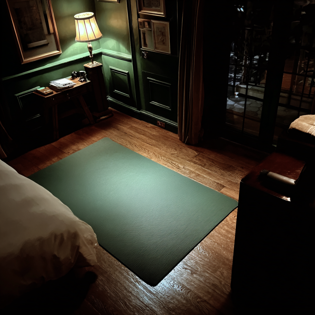 Un fin tapis d'exercice vert sur le sol d'une chambre à coucher | Source : Midjourney