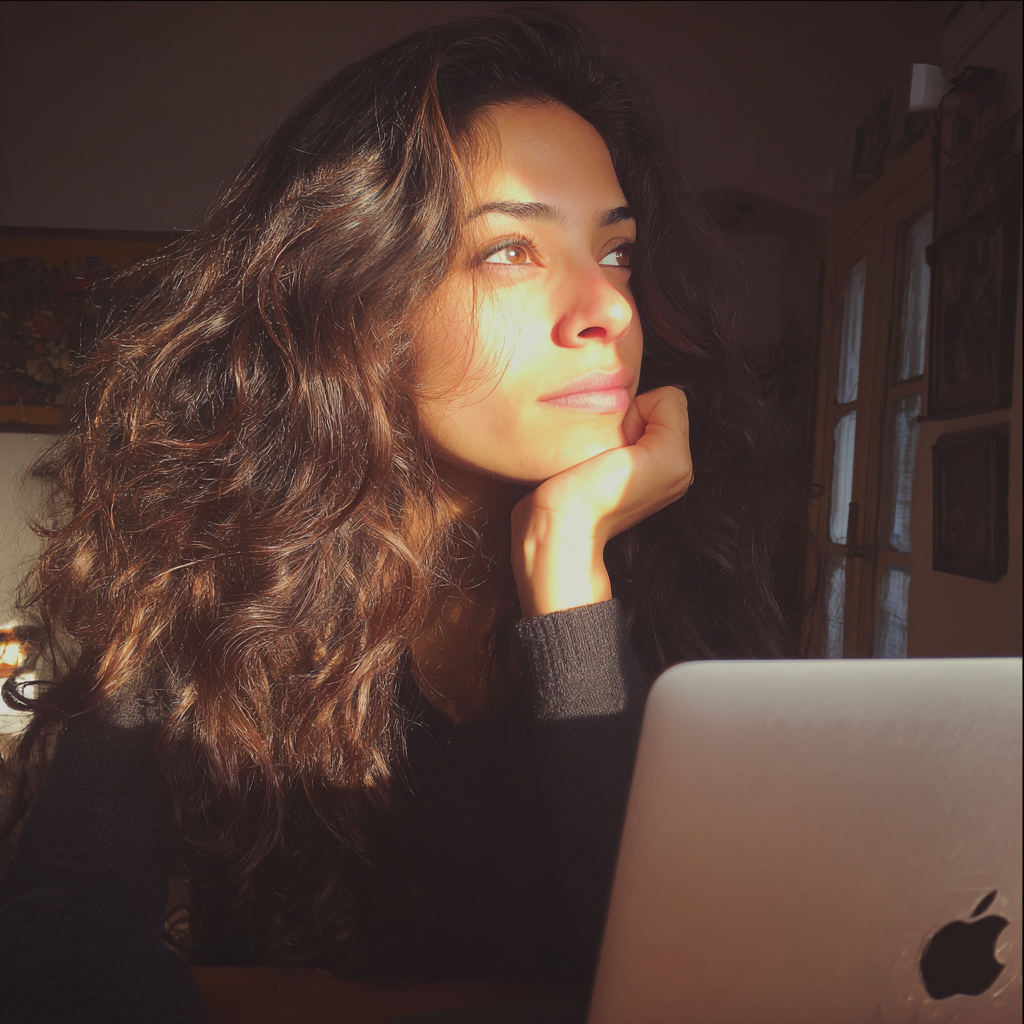 Une femme pensive assise avec son ordinateur portable | Source : Midjourney