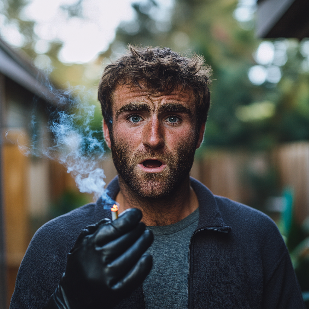 Un homme choqué tenant une cigarette avec un gant de cuir noir | Source : Midjourney