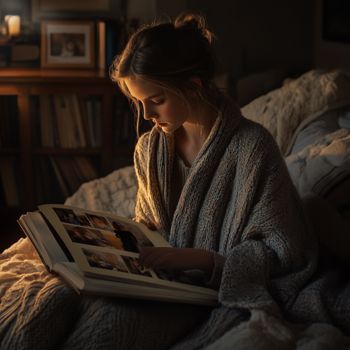 Une adolescente en train de regarder des photos | Source : Midjourney