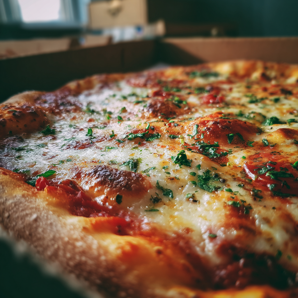 Un gros plan de pizza dans une boîte | Source : Midjourney