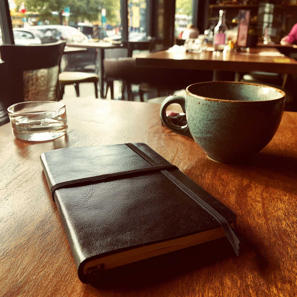 Un cahier noir sur une table | Source : Midjourney