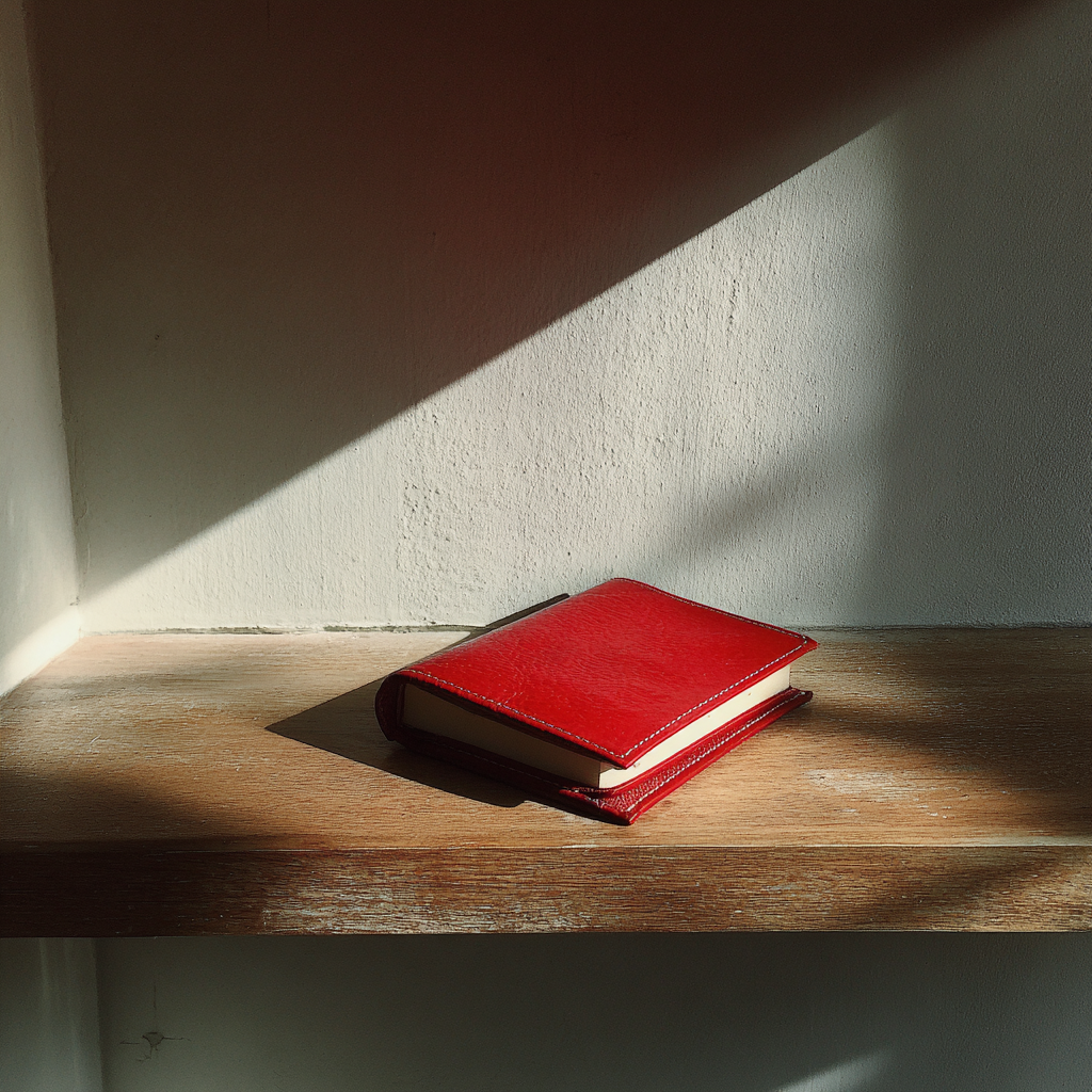 Un cahier rouge sur une étagère | Source : Midjourney