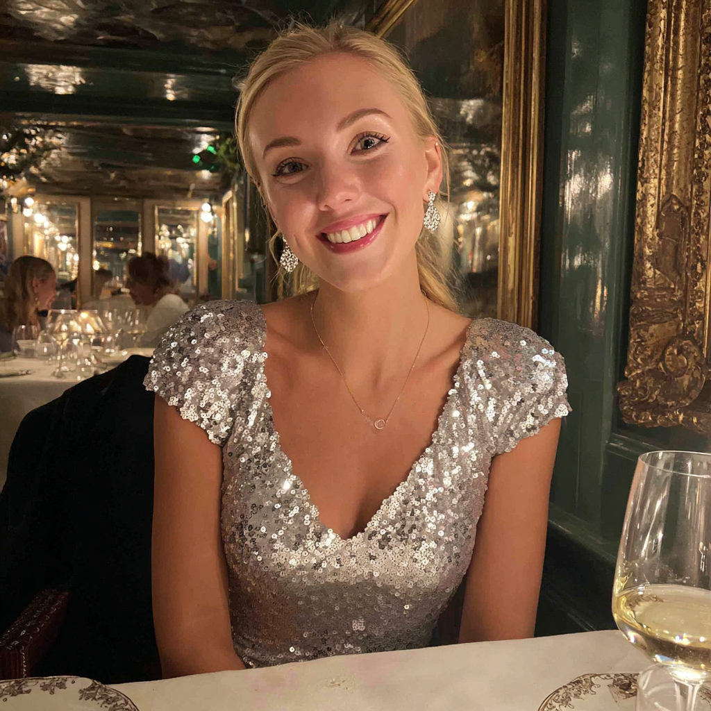 Une femme souriante portant une robe à paillettes argentées | Source : Midjourney