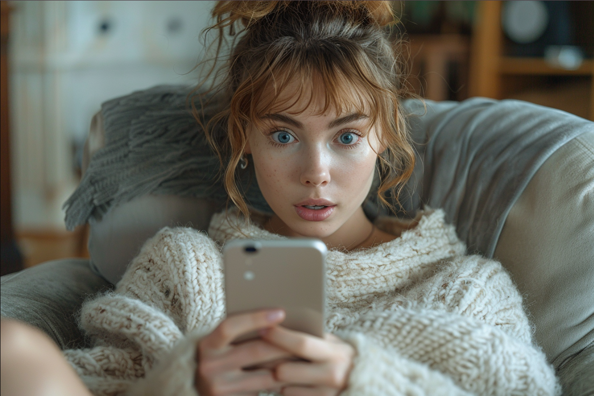 Une femme fixant un téléphone en état de choc | Source : MidJourney