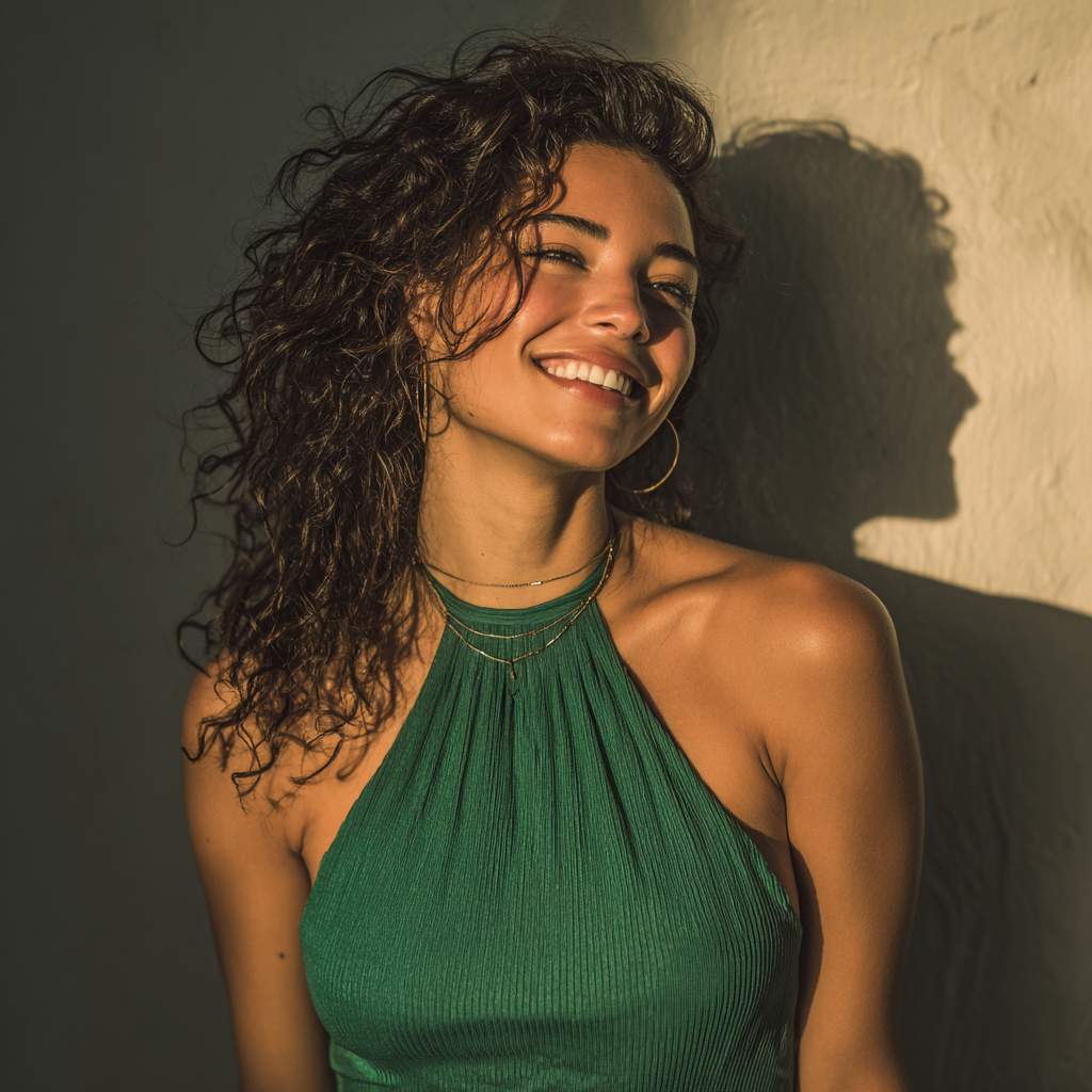 Une femme heureuse dans une robe verte | Source : Midjourney