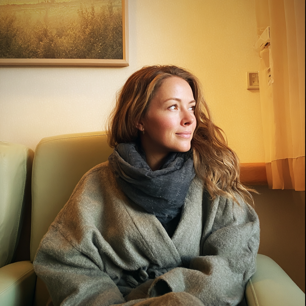 Une femme assise dans un fauteuil et souriant doucement | Source : Midjourney