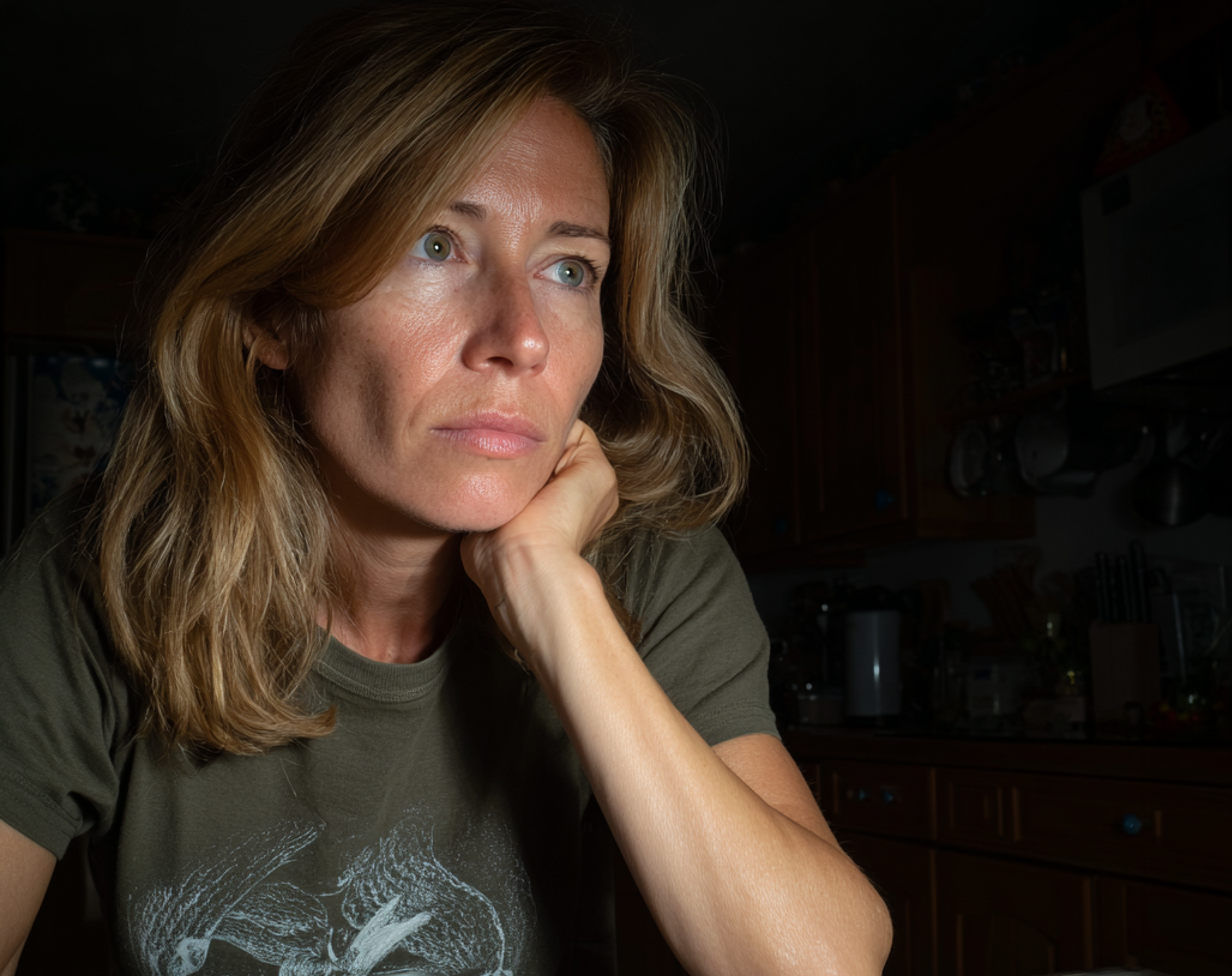 Une femme pensive assise à une table | Source : Midjourney