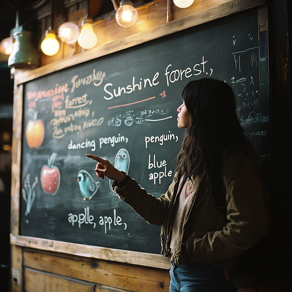 Une femme debout à côté d'un tableau noir avec des phrases et des images | Source : Midjourney