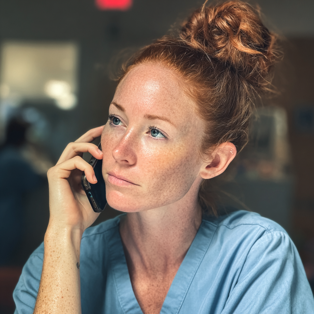 Une femme en blouse qui parle au téléphone | Source : Midjourney